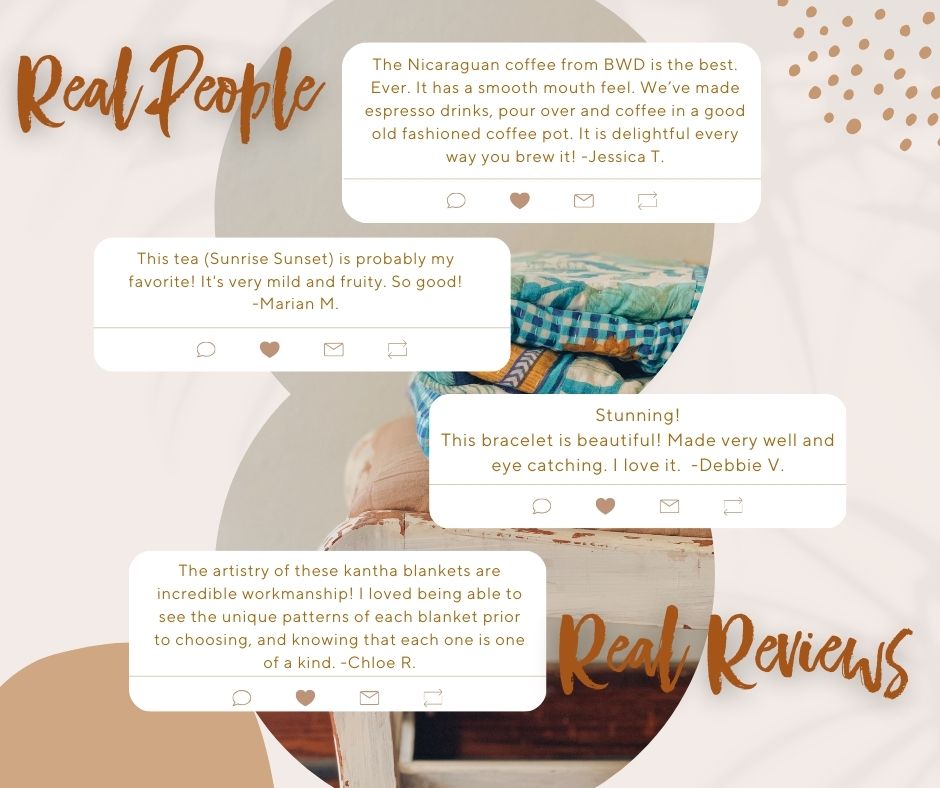 🧡 Real People. Real Reviews. Real Impact. 🧡

These aren’t just products.
They’re pieces of someone’s freedom story.

✨ “The Nicaraguan coffee is the BEST. Smooth, rich, and full of purpose.” – Jessica T.
🌸 “Sunrise Sunset tea is mild, fruity, and soooo good!” – Marian M.
💎 “This bracelet? Stunning. Eye-catching and beautifully made.” – Debbie V.
🧵 “The Kantha blankets are pure art. Every one is one of a kind.” – Chloe R.

When you shop with Better Way Designs, you’re not just getting something beautiful—you’re helping women heal through dignified, fair-trade work. 💛

📦 Coffee. Gifts. Home goods.
All delivered with purpose.

📲 Tap follow for more stories like these
🔗 Link in bio to shop freedom
🔁 Share this with someone who loves meaningful purchases

#BetterWayDesigns #RealReviews #ShopWithPurpose #FreedomThroughShopping #FairTradeFinds #CoffeeWithImpact #EthicalGifts #OneOfAKindProducts #PurposeDrivenLiving